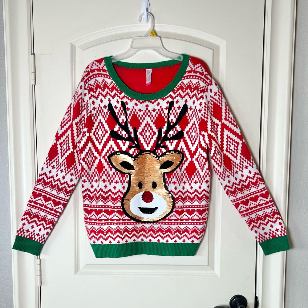 No Boundaries Sequin Reindeer Ugly Christmas Sweater Womens Plus Size 2XL